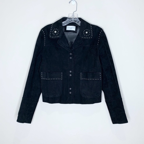 Sandro Paris Suede Studded Crop Jacket (Sz 3 / L) Snap Button Black - Picture 4 of 16